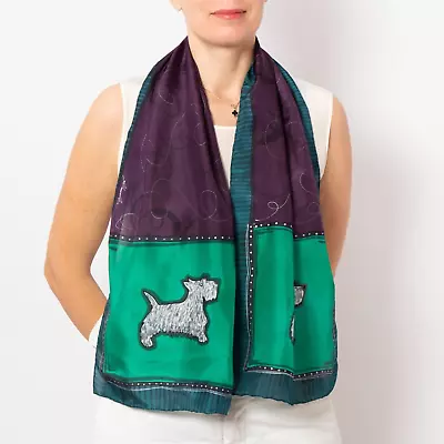 Scottish Terrier Hand Painted Pure Silk Scarf White Green Purple Scarf Dog Gift • $55