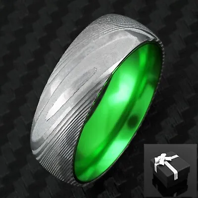 8mm Men's Silver Damascus Steel W/ Green Domed Wedding Band Ring 9-13 • $29.99