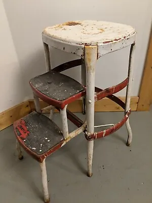 Vintage Cosco Red & White Kitchen Step Stool Ladder Seat W/ Fold Out Steps • $83.30