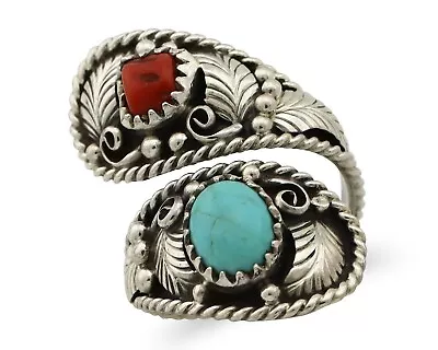 Navajo Adjustable Ring 925 Silver Turquiose & Coral Signed Broken Arrow C.80's • $118