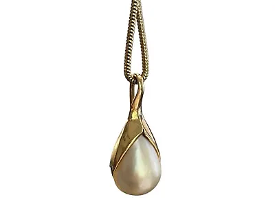 14K Gold Tear Drop Mabe Pearl On A 14k Italian Round Snake Link 22  Necklace • $455.85