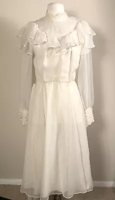 Miss Elliette Vintage Cream Long Sheer Sleeve Chiffon Dress Sz S Wedding Prom • $19