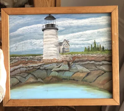 Vintage Painting Lighthouse Coast Of Maine Signed John Lugar Framed Seascape • $48.99