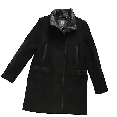 Vince Camuto Black Wool Blend Boucle Car Coat Faux Leather Trim Size Small • $49.99
