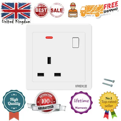 13Amp Switched Plug Socket Single Gang 1 Gang White Plastic UK PLUG Wall Socket • £3.99