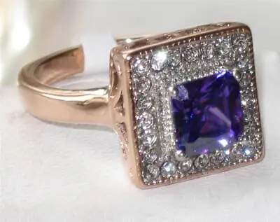 Rose Gold Tanzanite Ring Cz Princess Cut Purple Steel Ladies Classy New 1162 • £19.99