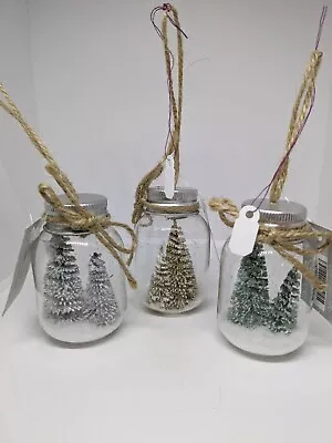 NEW! Mason Jar Snow Globe Forest Pine Tree Ornament Rustic Country Christmas • $5