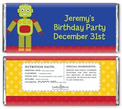 Robot Personalized Birthday Party Candy Bar Wrappers - Candy Favor  • $12