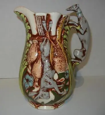 Antique Majolica Large Jug Pitcher Greyhound Dog Handle Hunting Game 10.5  1880 • $154.95