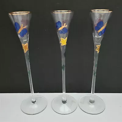 Three Hand-painted Artist Signed Butterflies And Flowers Mini Martini Flutes. • $39.99