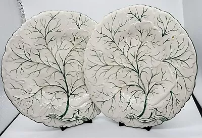 Pair Charles Meigh Green White Cabbage Leaf Plates 23cms C. 1850 • £50