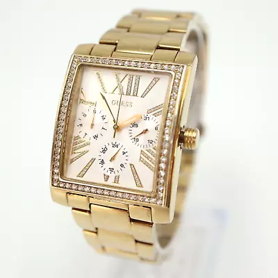 Guess Rectangle Gold Tone Watch Womens 30mm Jewel Bezel Calendar Multifunction • $29.99