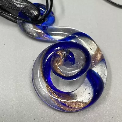 Vintage Blown Glass Art Pendant Necklace Blue Gold Clear Swirl Music Note 18  • $13.82