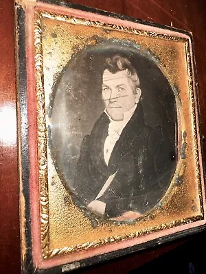 1/6 1840s Daguerreotype Folk Art Painting Of A Man Holding Quill Pen - Writer? • $199.99