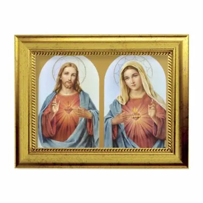 Sacred Hearts Of Jesus And Mary Gold Framed Art 5 X 7 Inches • $27.95