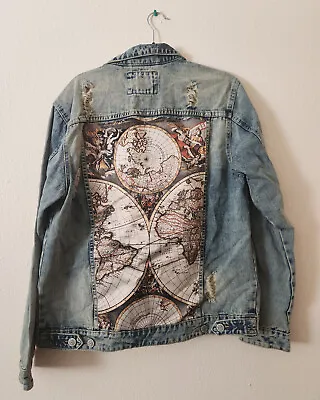 Victorious Forever 21 Distressed Men's Medium / M Denim Jacket - Map Print • $19.99