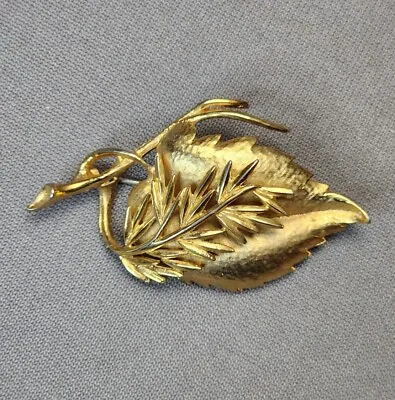 Vintage Leaf Branch Brooch Textured Satin Gold-tone Pin Women's Costume Jewelry • $18