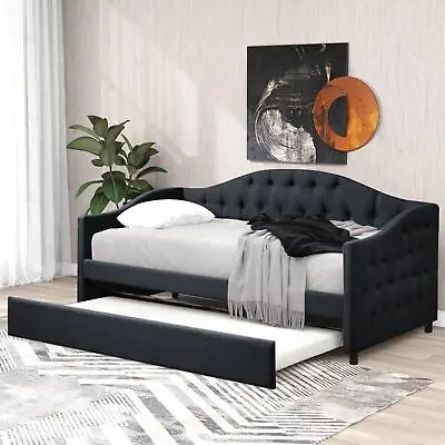 Mid-Century Velvet Upholstered Tufted Twin Size Daybed Frame With Trundle Bed • $299.99