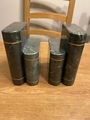 Vintage Pair (2) Marble Stone Stacked Books Bookends Green Black Onyx 6x3x4 • $139.99