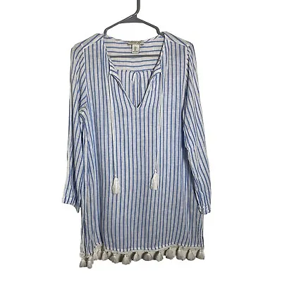 $12.60 • Buy Rachel Zoe Women's Small Blue White Stripe Tassel Lightweight Linen Blend Dress
