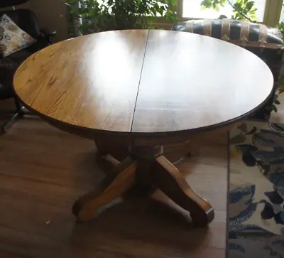 Antique 48  Oak Wood Mission Arts Crafts Round Pedestal Dining Table +2 Leaves • $475