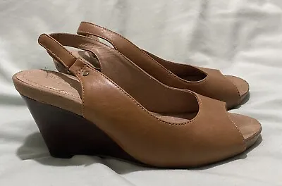 Next Tan Leather Wedge Peep Toe Shoe Size 5 • £0.99