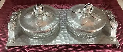 Vintage 50s HandForged Aluminum Condiment Tray & Lidded Glass Bowls. By “World” • $25