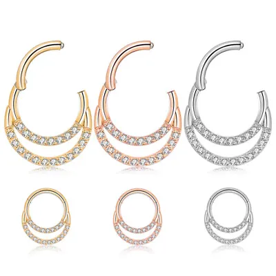 $9.99 • Buy 16G Hinged Clicker Hoop Double Lined Paved CZ Gem Septum Daith Piercing Ring