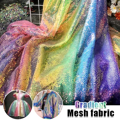 Gradient Color Rainbow Shiny Material Sequin Fish Scale Fabric For Dress DIY New • $31.10