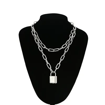 Trendy Women Men Double Layer Padlock Pendant Chain Necklace Party Hip Pop Lock • £4.99