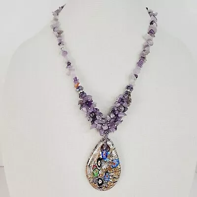 Murano Glass Floral Metallic Pendant Wisteria Amethyst Purple Stone Necklace 22  • £77.21