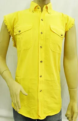 Men's Motorcycle Yellow Cotton Half Sleeve Cut Off Shirt With Frayed Sleeves • $19.99