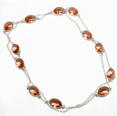 Natural Peach Morganite 925 Sterling Silver Long Chain Necklace 34”  Handmade • $29.99