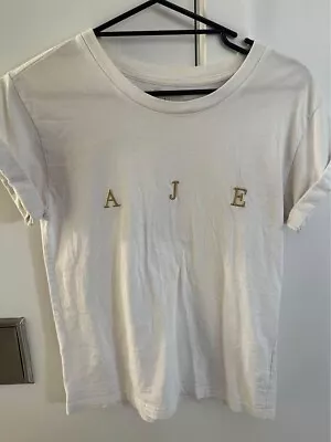 Aje Gold Embodied White T-Shirt With Cuff Sleeves Relaxed Fit - Size XS • $45