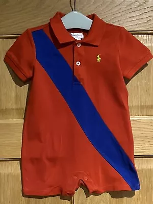 Baby Boys Ralph Lauren Polo Shirt Romper In Orange Size 6-9 Months - Rrp £59 - • £10