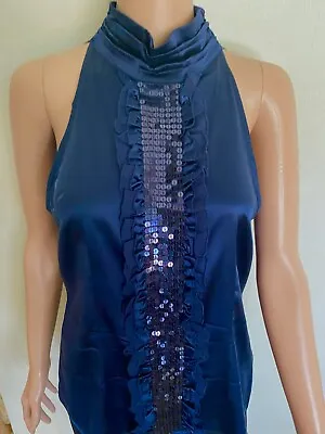 $29 • Buy Cache? BEBE? Top Womens Silk Blouse Navy Blue Sleeveless Blouse Fits XS,S