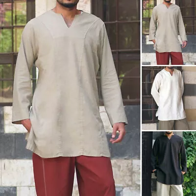 UK STOCK Mens V-Neck Linen Cotton Shirt Long Sleeve Loose Tunic Kaftan T Shirts • £24.71
