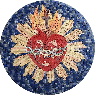 Marble Mosaic Religious Heart Tile Art Handmade 18 Inches Round • $223