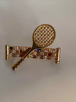 Vintage Tennis Racket & Net Brooch Pin Gold Tone Rhinestone • $18.74