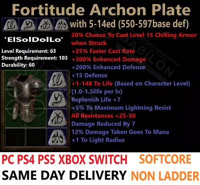 ✅PC PS4 PS5 XBOX SWITCH✅Fortitude Archon +300%DMG Diablo 2 Resurrected Items D2R • $4.40