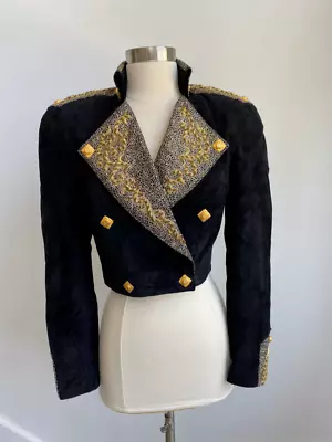 1980s Vintage Michael Hoban North Beach Leather Black Jacket W/ Gold Details • $500