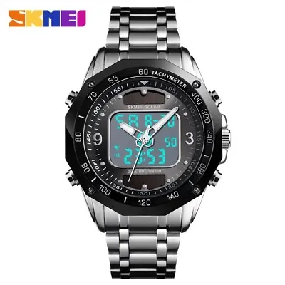 Solar Powered Mens Stainless Steel LED Analogue & Digital Sports Wrist Watch • £16.99