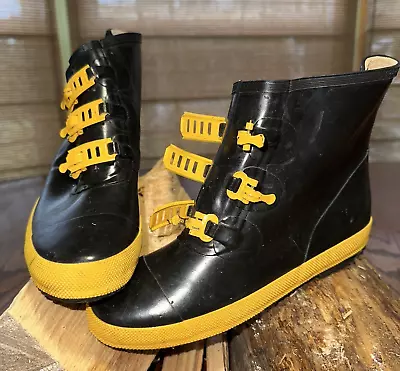 Vintage Rain Boot Wm’s Size 5 N Unbranded Yellow Clamp Closures  Black  Rubber • $15.98