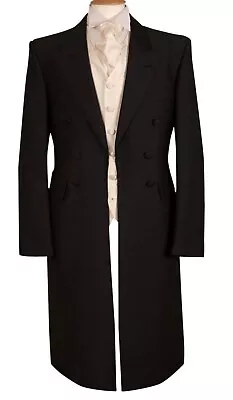 Black Wool Frockcoat Jacket Wedding Herringbone Victorian Edwardian Steampunk • $141.69