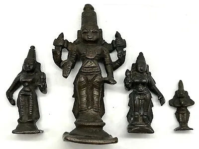 Antique Puja Room Bronze Figurines - Vishnu With His Two Consorts And Garuda • $149