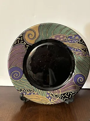 Arcoroc Tampico France  Geometric Print Black Glass Salad Plate • $18