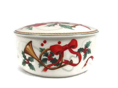 Mikasa Maxima Round Trinket Box Porcelain Holly Berry Ribbon Jubilation Trumpet • $21.49