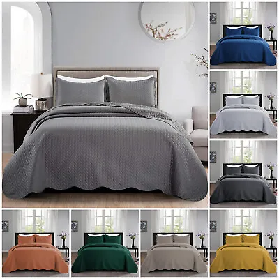 3 Piece Embossed Quilted Bedspread Reversible Queen King Size Coverlet Bed Throw • $25.49
