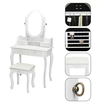 White Dressing Single Mirror Stool Wall Mirrored Jewellery Cabinet Vanity Set • $173.89