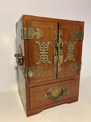 Vtg Hardwood & Brass Jewelry Box Chinese Asian Ornate Heavy Brasses Dovetails • $55